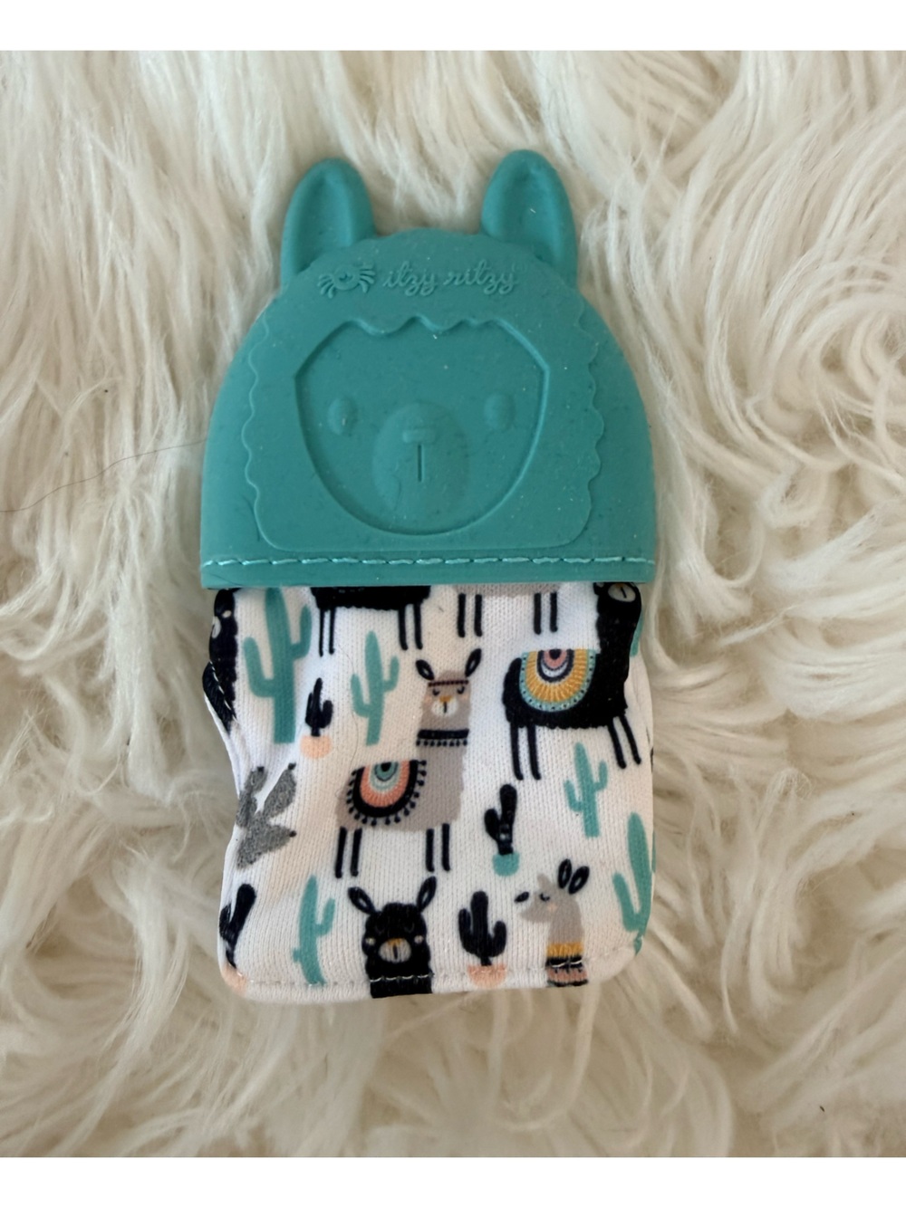 💫10/$25 • Itzy Ritzy Teal Llama Silicone Teether Mitt